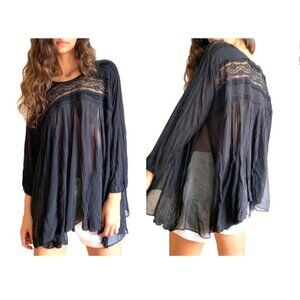 FREE PEOPLE Womens S PENNY LANE SEMI SHEER WOVEN LACE DRAWSTRING SLEEVE TUNIC
